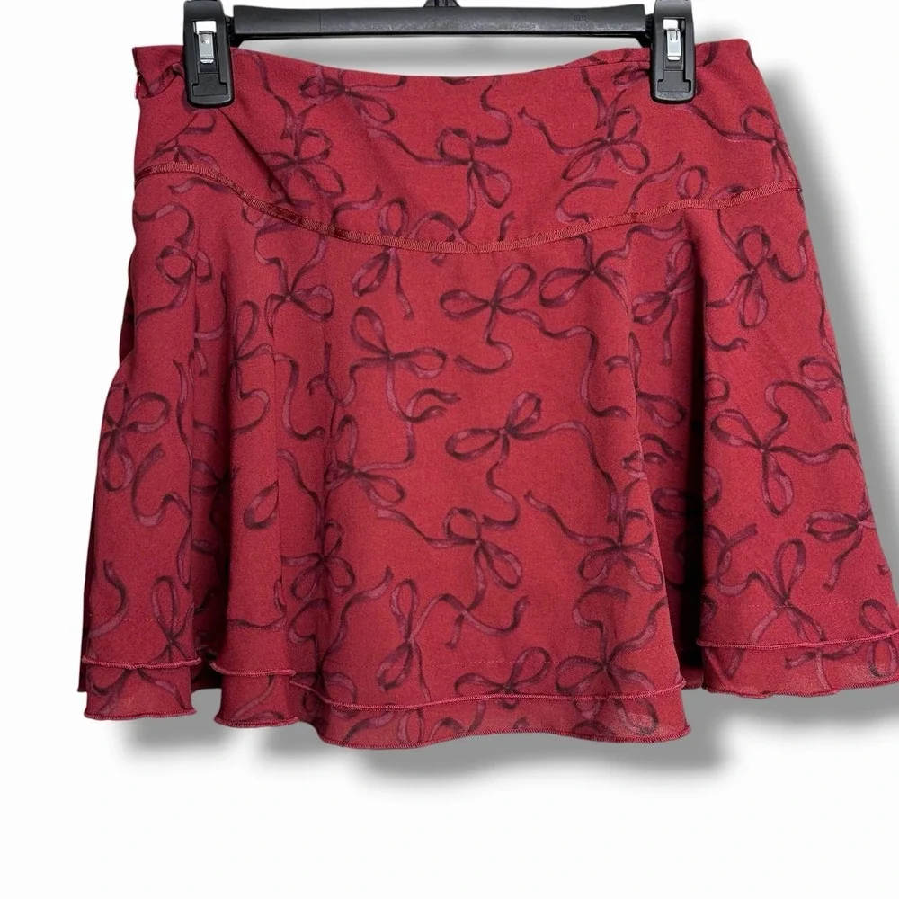 Aéropostale Burgundy Bow Print Chiffon Skater Skort Zip Lined Small Y2k Mini - Picture 2 of 5